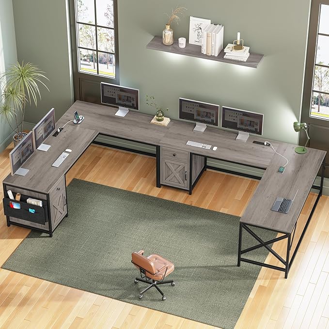 SEDETA 63 L Shaped Desk Convertible Corner Office Desk with Drawer Farmhouse Computer Desk with Power Strip &amp Storage Cabinet for Home Office Grey