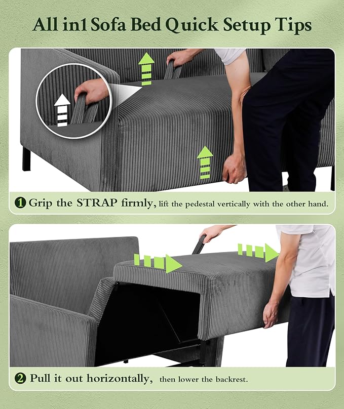 47.2 Convertible Sofa Bed Couch Comfy Corduroy Couch Bed All in 1 Loveseat Sleeper Sofa Love Seat Sleeper Bed with 2 Pillows Modern Couches for Living Room/Apartment/Home/Office Grey