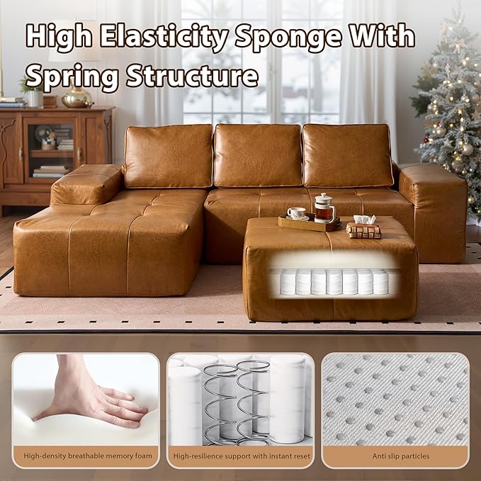 37 Faux Leather Modern Modular Sectional Sofa Footrest &amp Extra Seat Cloud Couch No-Assembly Living Room Couch Brown