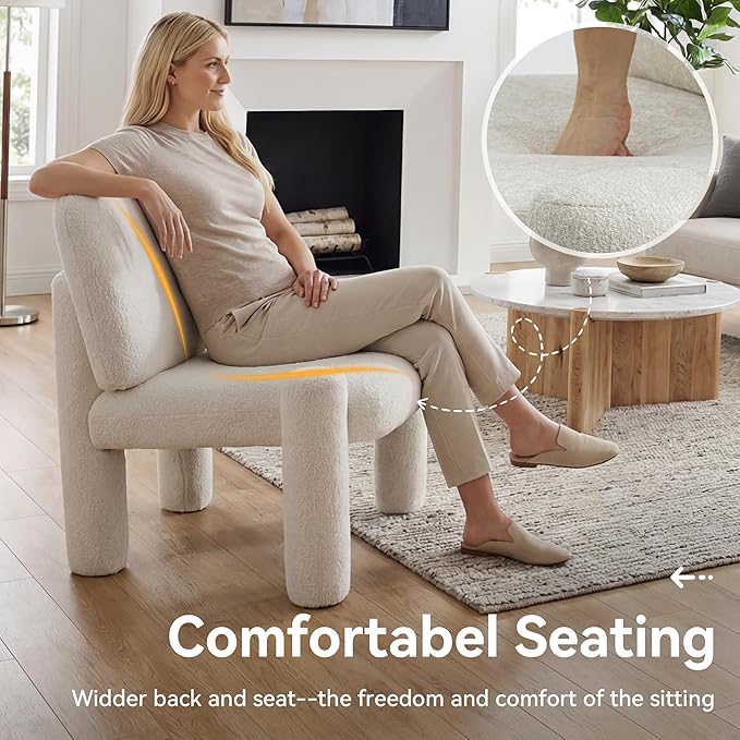 HNY Modern Accent Living Room Chair Beige Boucle Reading Chair Armless Lounge Chair Comfy Barrel Chair Sherpa Cloud Chair with Wood Frame for Living Room Small Spaces Bedroom Apartment