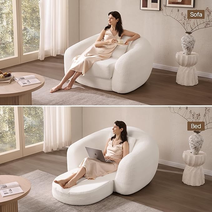 SICOTAS 49.9 Curved Convertible Sofa Couch Bed for Living Room Futon Cloud Boneless Sleeper Chair Pull Out Floor Couch with Deep Seat Single Sofa Foam Lounger No Assembly for Bedroom Apartment White
