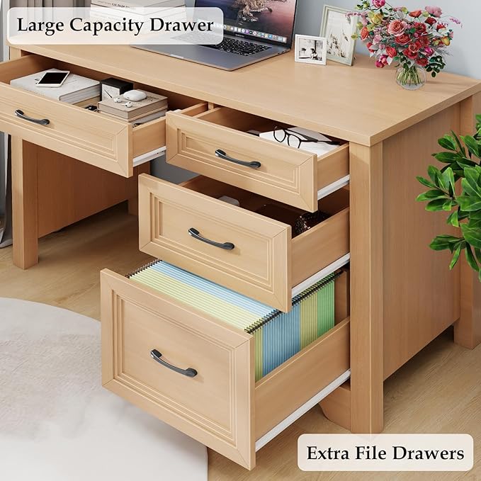 Farmhouse Executive Desk with Drawers Wood Computer Desk with Ample File Drawer Rustic Home Office Desk with Storage for Bedroom Living Room Natural