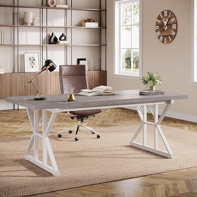 Tribesigns 70.86-Inch Large Executive Desk Industrial Home Office Computer Desk Simple Long Writing Study Table Business Furniture (Grey/White)