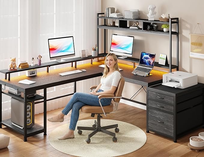 EnHomee 64 x 60 Inches L Shaped Desk with Hutch and Drawers Gaming Desk with Power Outlet &amp Monitor Stand &amp LED Lights Computer Corner Desk Two Person Office Desk for Living Gaming Room B