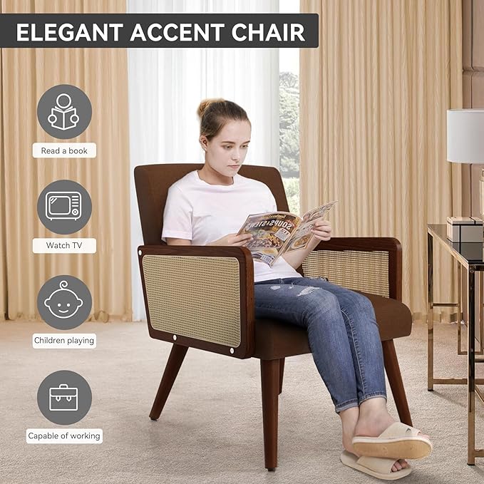 Rattan Arm ChairAccent Chair for Living Room Modern Dinning Chair for Kitchen Lounge Chair Indoor for Reading Room Brown