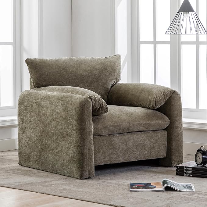 Modern Style Armchair Chenille Oversized Single Sofa Lounge With Curved Backrest and Open Back Fabric Upholstered Accent for Living Room Bedroom (Matcha Green 007)