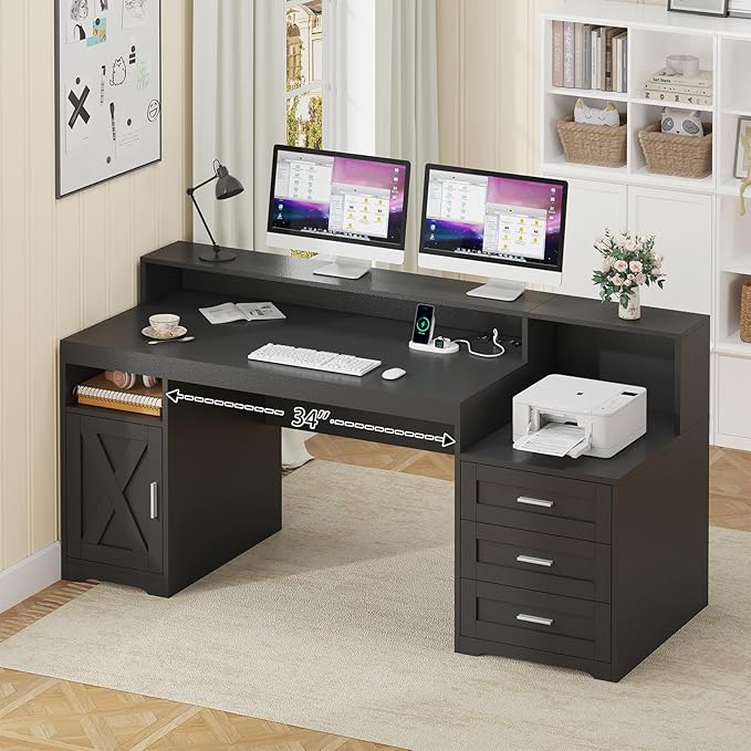 TVU Farmhouse Computer Desk with Drawers 65'' Home Office Desk with Power Outlets Storage Cabinet and Printer Stand Study Writing Desks with Long Monitor Stand Black