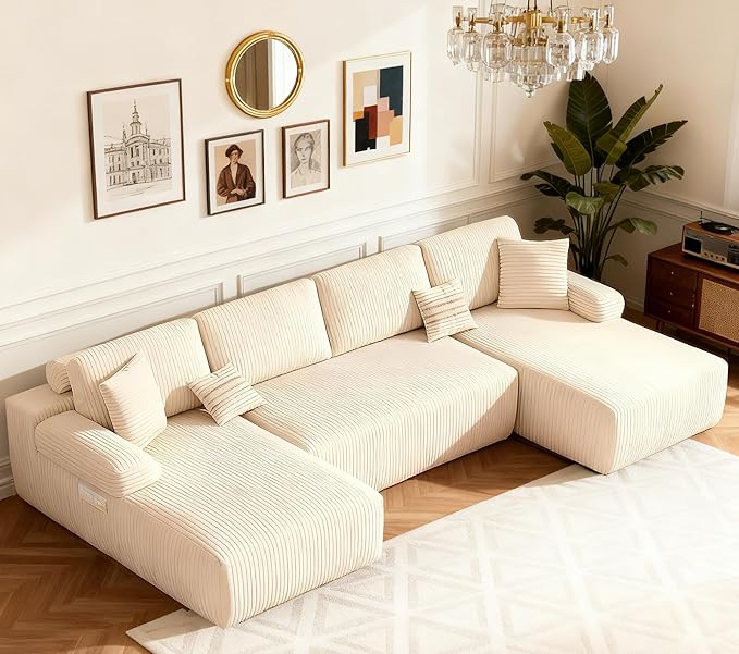 DURASPACE 126.2'' U Shaped Modular Sofa with Chaise Cloud Boneless Comfort Sectional Sofa Couch Modern Corduroy Deep Seat Couch Convertible 4-Seater for Living Room(Beige)