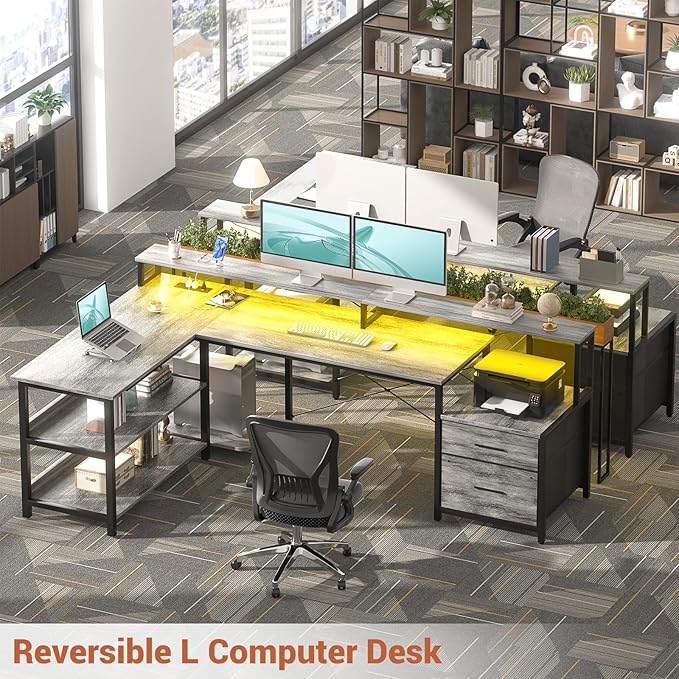 Aheaplus L Shaped Desk with File Drawer 72.8 Reversible L Shaped Computer Desk with Power Outlet &amp LED Strip Gaming Desk with Monitor Stand Office Desk Corner Desk with Storage Shelf White Oa