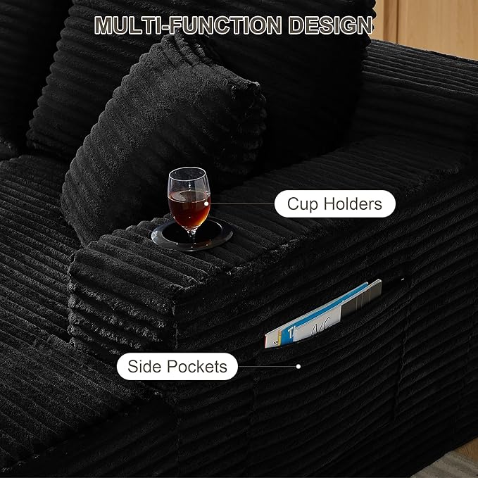 134 W Black U Shaped Boneless Couch Oversized Cloud Modular Sectional Sofa with Deep Chaise 4 Seat Corduroy Foam Compressed Cup Holders &amp Side Pockets for Living Room Apartment Large Spaces