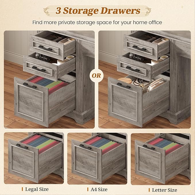 SEDETA Farmhouse L Shaped Desk with Hutch and 3 Drawers 68.9 Executive Office Desk with File Drawer and Power Outlet Corner Computer Desk with Storage Shelves for Home Office (Grey)