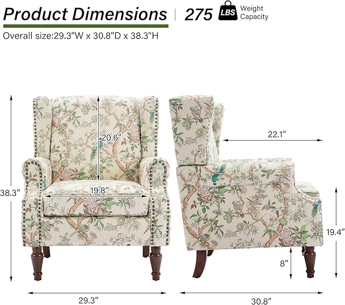 Floral High Back Accent Chair Upholstered Armchair with Solid Wood Legs Comfy Wingback Reading Single Sofa Chair for Small Spaces Living Room Bedroom(Floral Bird Set of 2)