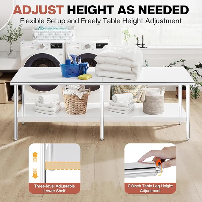 Jocisland 30 x 108 Stainless Steel Table for Prep &amp Work NSF Certified Adjustable Under Shelf and Feet for Commercial Kitchen Restaurant Hotel Garage