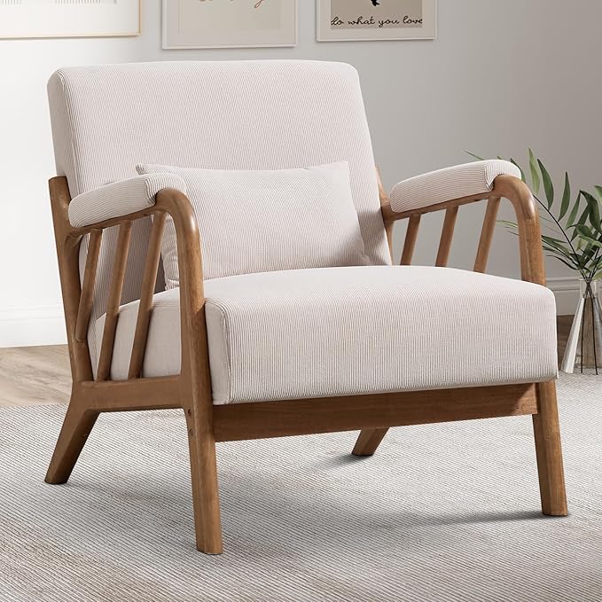 INZOY Mid Century Modern Accent Chair with Wood Frame Upholstered Reading Armchair with Soft Corduroy Fabric Accent Chair for Living Room Bedroom Apartment Easy Assembly Beige