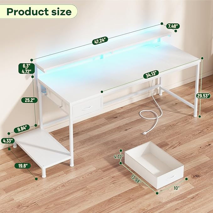 Computer Desk with Ergonomic Monitor Stand &amp CPU Stand47.2 Gaming Desk with 1 Drawer &amp Power Outlet &amp LED Lights for Home Work Bedroom Study and Gaming Small SpacesWhite