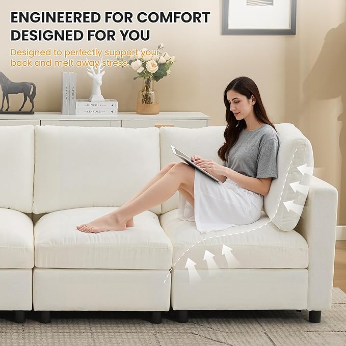 116'' 4-Seater Modular Sectional Cloud Sofa Straight-Line Couches for Living Room Modern Upholstered Deep Seat Sofa Chenille Beige