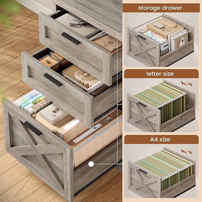 SEDETA Farmhouse 67 L Shaped Desk with 3 Drawers Executive Desk Home Office Desks with Storage Shelves Corner Computer Desk with Power Outlets for Home Office Grey