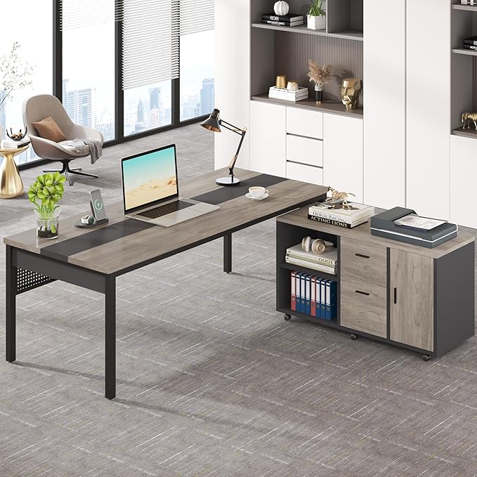 Tribesigns 71 inch Executive Desk L-Shaped Desk with Mobile File Cabinet Executive Office Table with 2 Drawers and Storage Shelves Business Furniture Workstation for Home Office Grey and Black