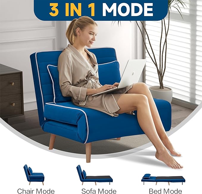 32 Convertible Sleeper Chair 3-in-1 Folding Sleeper Chair with Pillow 3-Position Adjustable Backrest for Living Room Bedroom Office Blue