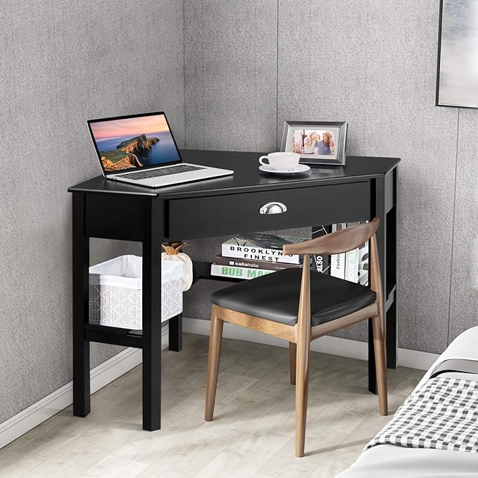 KOTEK Corner Desk with Drawer and Shelves Wooden Home Office Desk Triangle Computer Desk Writing Study Desk Computer Workstation Makeup Vanity Table (Black)