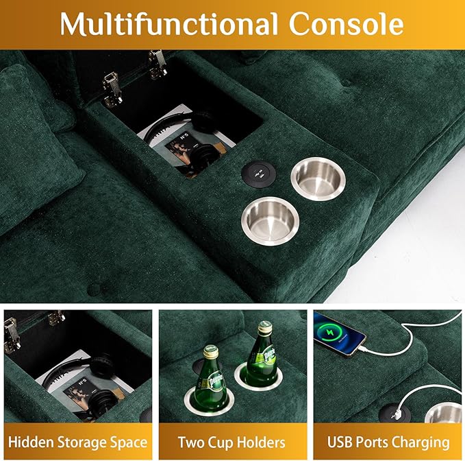134 Oversized Green Sectional Couches for Living Room with Glitter Fabric Fluffy Couch with Chaise Lounge&ampTufted Buttons U Shaped Sofa Set Chenille 6 Seater Couch with 2 Ottoman &amp Storage