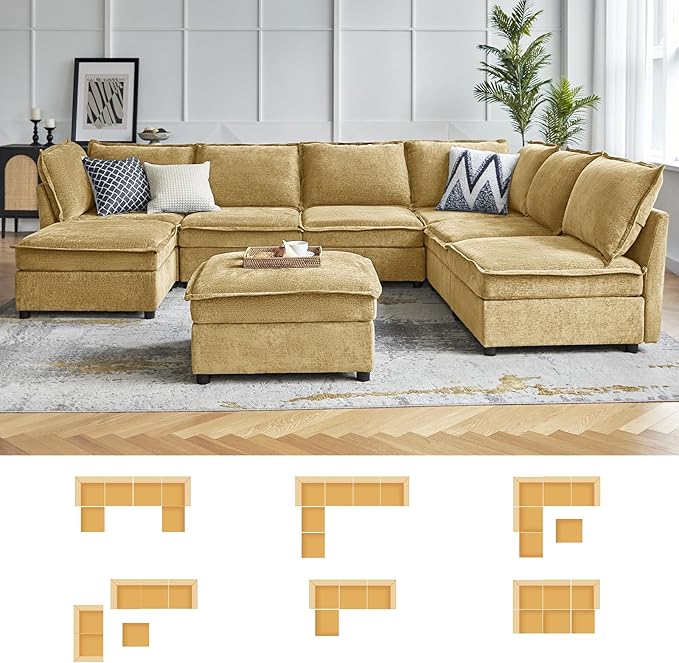 HULALA HOME Modern Chenille Sofa Set Single Seat Sofa 3 Seat Sofa 2 Piece Cloud Couches Set with Storage Comfy Deep Upholstered Armchair Couches for Living Room Apartment Cream