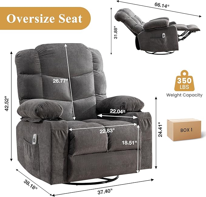 Oversized Massage Swivel Recliner Chair with Lumbar Heating 360° Swivel &amp Rocker 8-Point Vibration Massage USB Port &amp Cup Holders for Living Room Office Adult(Gray)