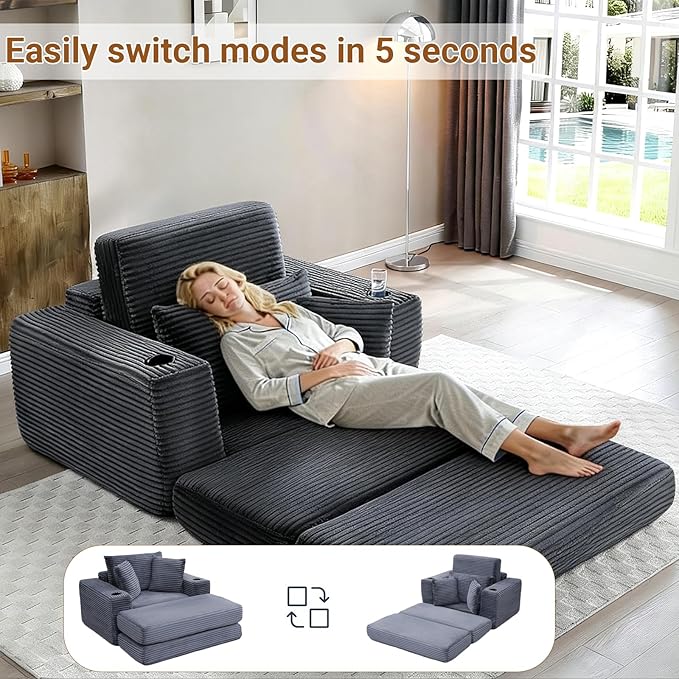 53 Oversized Chaise Lounge Chair Indoor Modular 3-in-1 Corduroy Boneless Chair Cloud-Like Cozy Comfy Sofa Bed Sleeper Couch for Reading Living Room Bedroom Grey