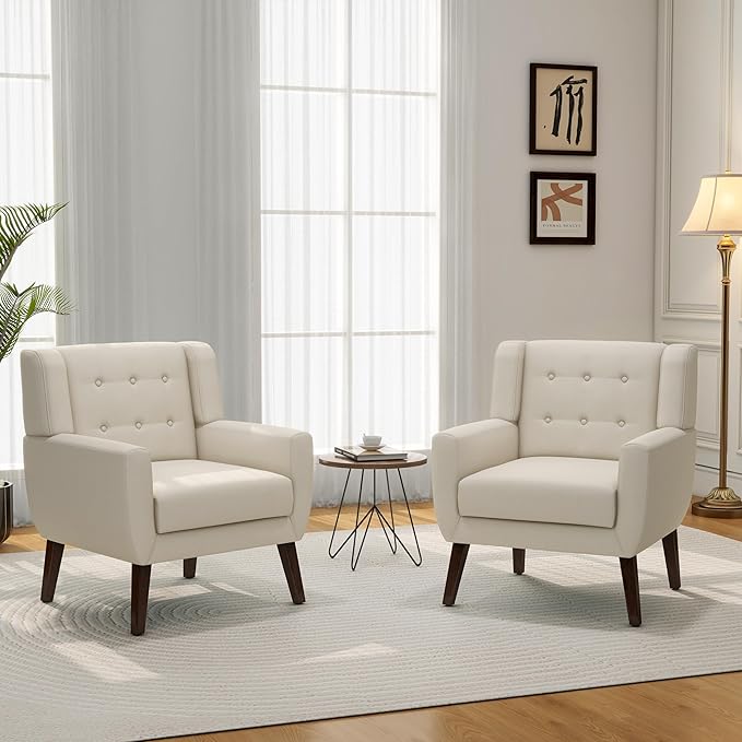Accent Chair Mid-Century Modern Fabric Chairs with Arms for Living Room Comfy Upholstered Club Single Sofa Armchair for Bedroom Waiting Room with Solid Wood Frame
