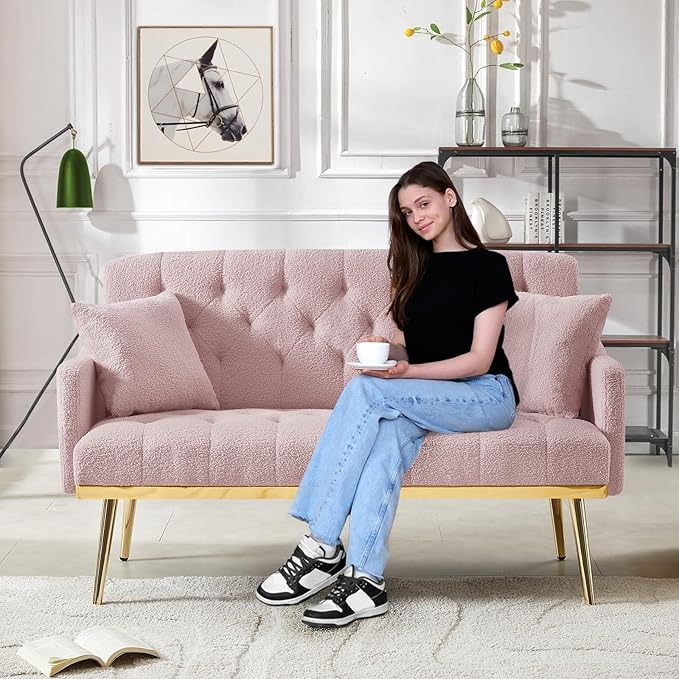 Upholstered Loveseat Sofa Modern Small Couch with Side Pocket and Golden Metal Legs Tufted Leisure Sofa for Living Room Bedroom Office Pink Teddy