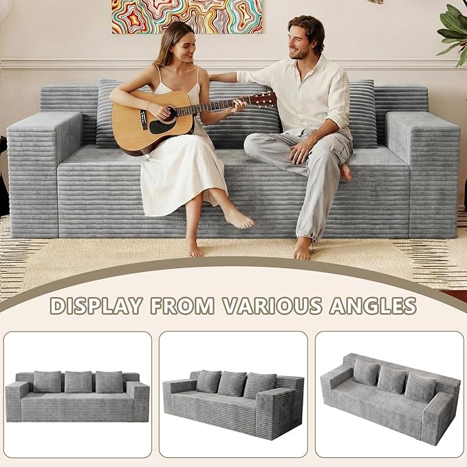 71 Love Seat Couches Corduroy Boneless Loveseat with Deep Seats 2 Seat Couch Apartment Size Couch with 3 Pillows&ampSide Pockets for Bedroom Office No Assembly Required Light Gray