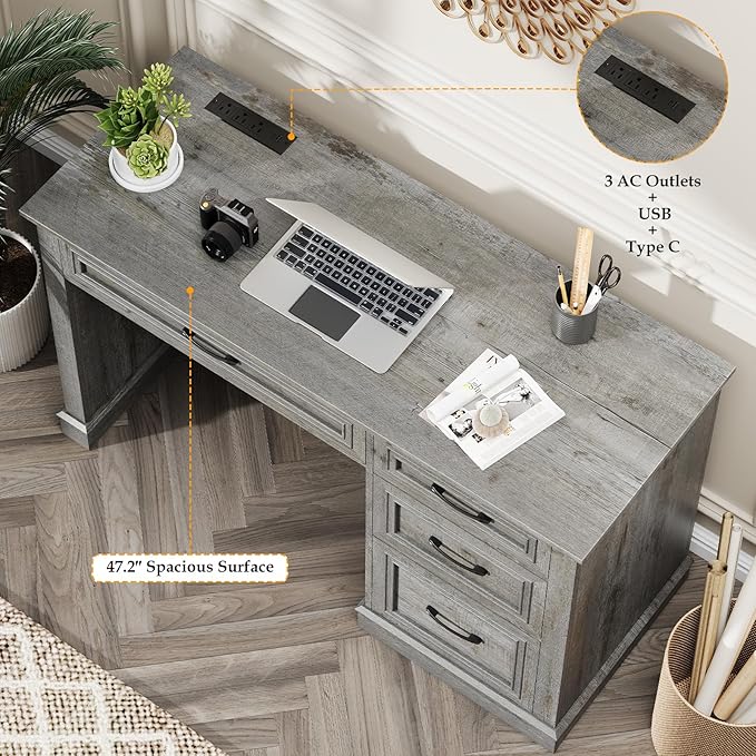 Farmhouse 47 Executive Desk Computer Desk with Drawers and File Drawer Workstation Computer Desk with Charging Station for Home Office Study (Grey)