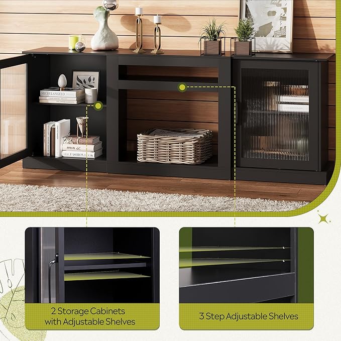 WLIVE Farmhouse TV Stand for 75 inch TV Entertainment Center with Storage Cabinets Mid Century Modern TV Console for Living Room Bedroom Black