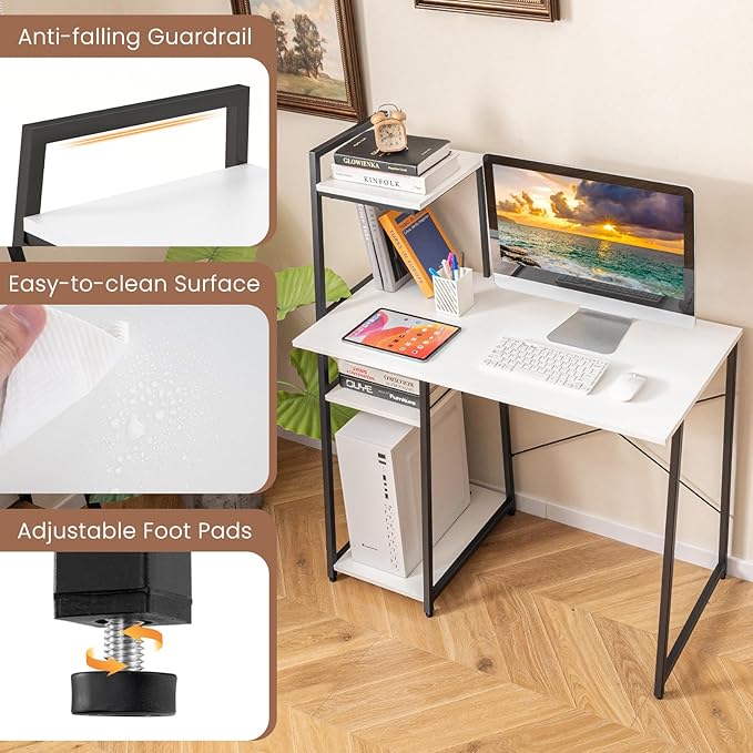 Tangkula Computer Desk with Shelves Space Saving Home Office Desk with 3-Tier Ladder Shaped Storage Bookshelf Modern Writing Study Desk with Metal Frame Compact Computer Workstation (White)