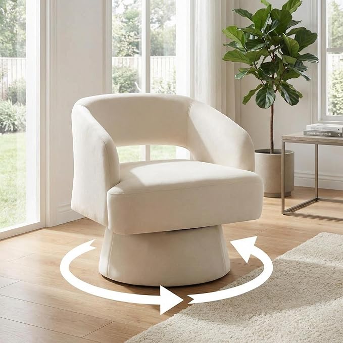 GarveeHome Modern Swivel Barrel Accent Chair 360° Velvet Upholstered Armchair with Striped Backrest &amp Plush Padding Comfy Round Lounge Chair (1 Beige + Hollowed)