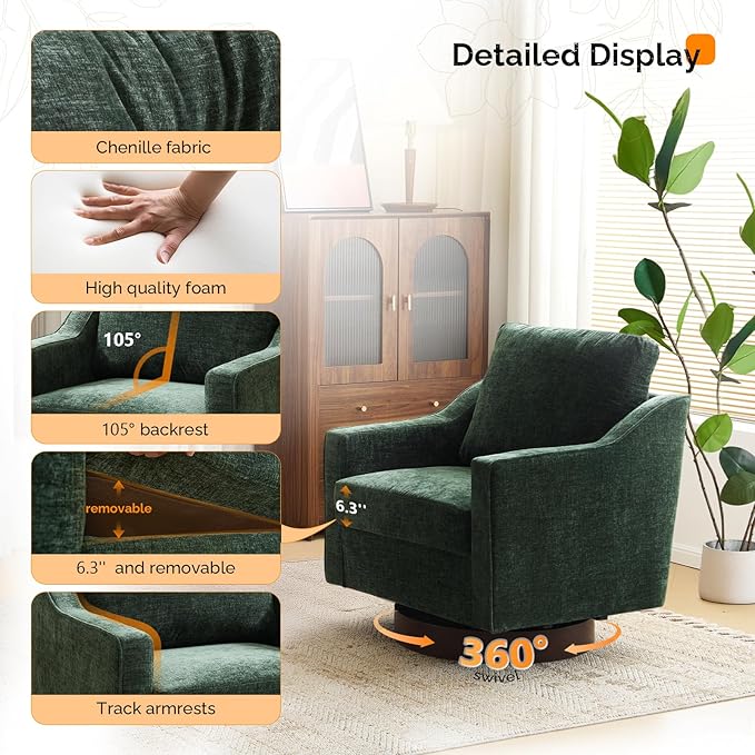 VINGLI Mid-Century Modern Swivel Accent Chair 360°Upholstered Armchair Home Sofa with Track Arms for Living Room Bedroom Reading Room Club Swivel ChairChenille Green