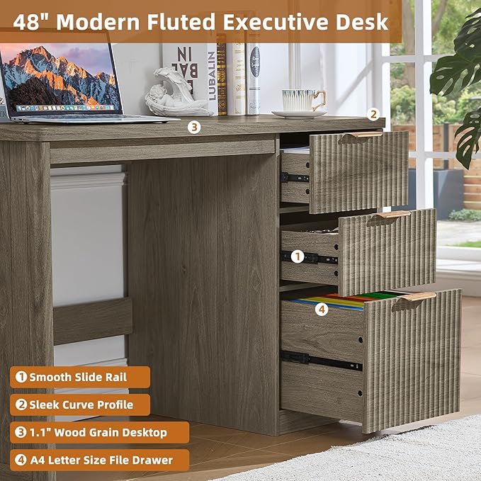 LEYAOYAO Office Desk 48 with 3 Drawers Storage File Cabinet Wood Fluted Desk for Computer Office Bedroom Home Furniture Grey