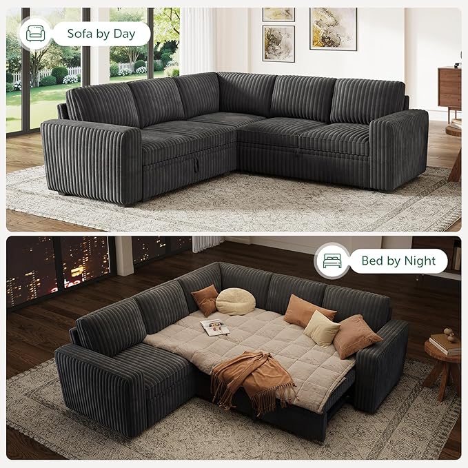 HONBAY Modular Sectional Sleeper Sofa with Pull Out BedCorduroy L Shaped Couch with Storage Sectional Couches for Living RoomDark Grey
