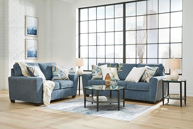 Signature Design by Ashley Cashton Contemporary Loveseat Exposed Feed With Faux Wood Finish Accent Pillows Fabric Upholstery 63 W x 38 D x 39 H Blue