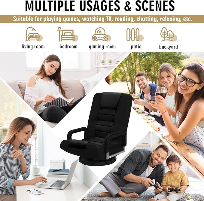 Swivel Floor Gaming Chair w/Armrests Folding Video Reclining Sofa w/6 Adjustable Position Padded Backrest &amp Cushion Lazy Lounger Couch for E-Sports Reading Relaxing Watching TV Black