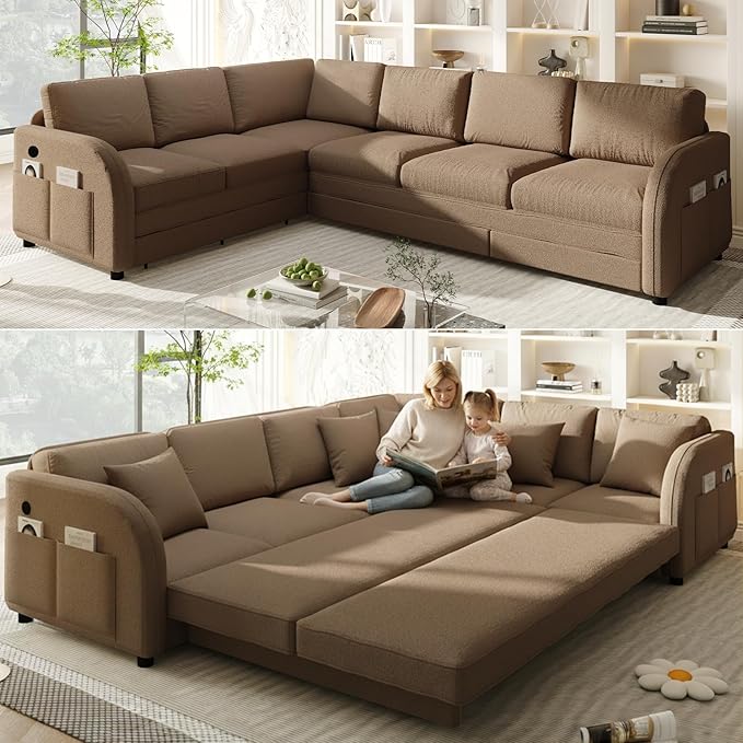 115'' L-Shaped Sectional Sleeper Sofa Bed 6-Seater Pull-Out Couch Bed with Comfy Teddy Fabric USB Ports Modular 3-in-1 Convertible Sleeper Couch for Living Room Apartment Brown | Teddy Upholstere