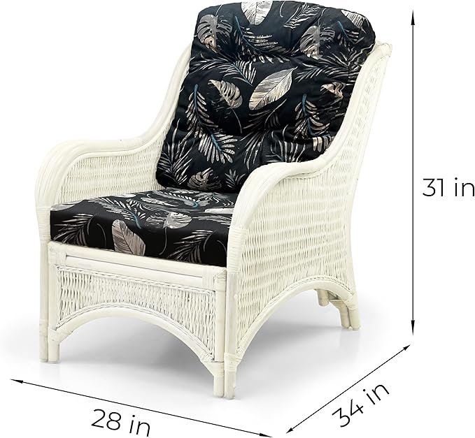Wickerix Jam Lounge Living Accent Armchair Natural Rattan Wicker Handmade Design White Color with Black Leaf Cushion