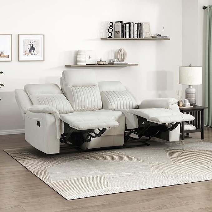 Lexicon Manual Double Reclining Sofa Polished Microfiber Upholstered 3 Seater Manual Sofa Recliner for Living Room Wall Hugger Easy Assembly Beige