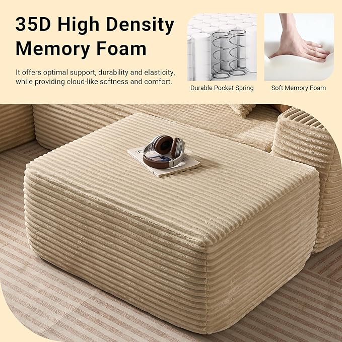 37 Plush Corduroy Ottoman Upholstered Cloud Ottoman for Boneless Couch in A Box Compressed Memory Foam Footrest No Assembly Require Beige