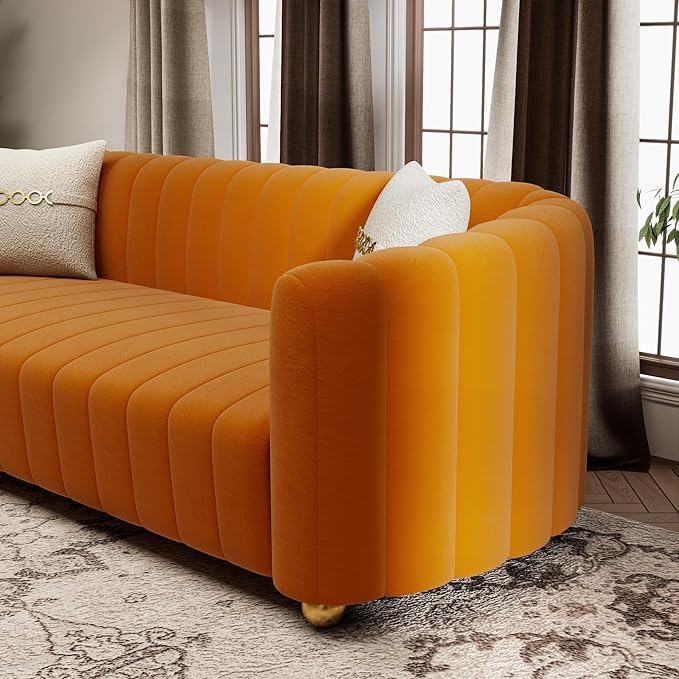 KEAI 83.46 Velvet Couch for Living Room Large Modern Sofa with Gold Metal Sphere Legs Office Upholstered Comfy 3 Seater Couches Cute Sherpa Bedroom Furniture (Orange)