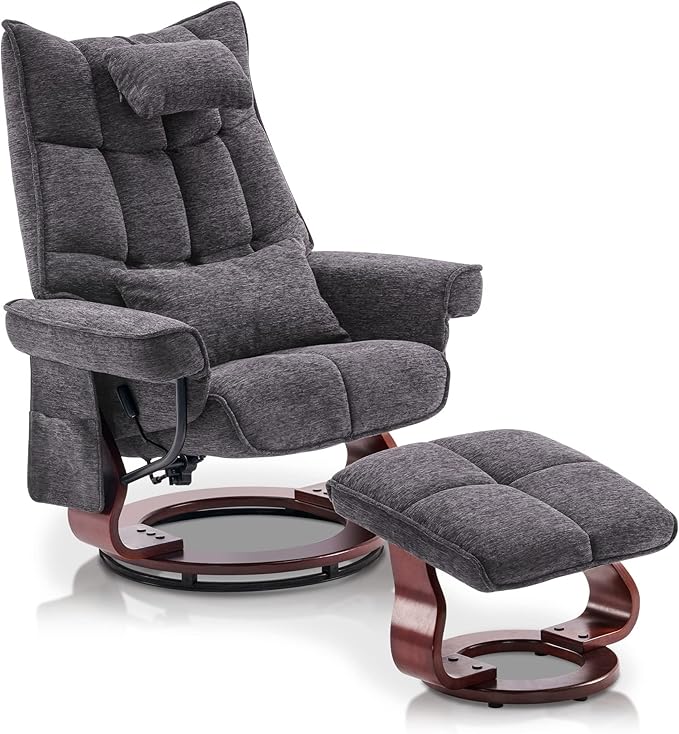 MCombo Swivel Recliner with Ottoman TV Chair Sets with Vibration Massage Ideal for Small Space Living Room &amp Bedroom 4188 (Grey)