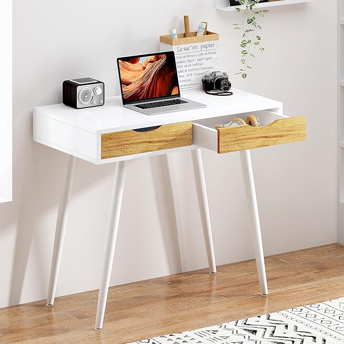 soges Mid Century Computer Desk with Drawers 31.5 Inches Home Office Computer Desk for Small Space 2-Drawer Multifunctional Study Writing Desk White
