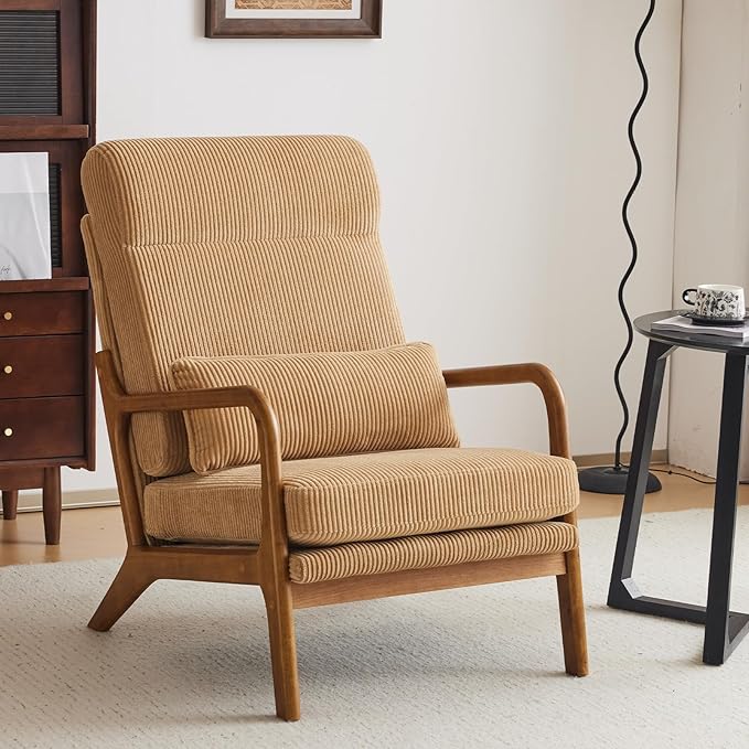 Karl home Mid-Century Modern Accent Chair Living Room Chairs with Pillow High Back Corduroy Upholstered Lounge Armchair with Solid Wood Frame &amp Soft Cushion for Bedroom Reading Room Khaki