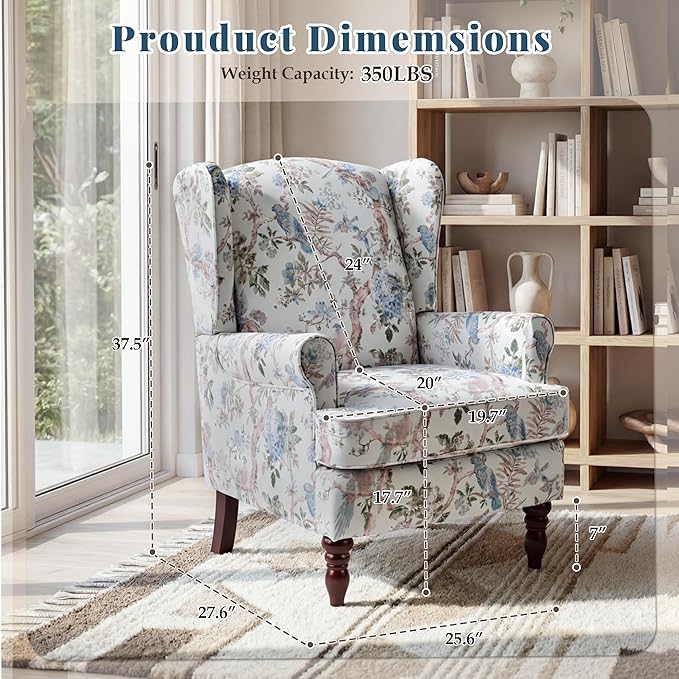 EROMMY Floral Accent Chair Comfortable High Back Upholstered Armchair with Solid Wood Legs Leisure Single Sofa Chair for Living Room Bedroom Home Office Light Blue Floral&ampBird
