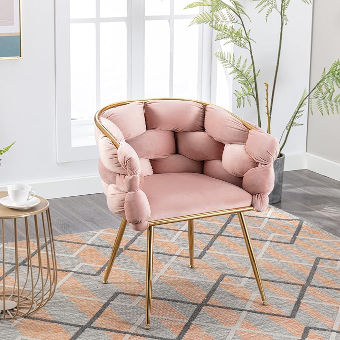 Polibi Modern Velvet Accent ChairDining Chair Single Sofa Chair Leisure Lounge Chairs with Golden Metal Frame LegsLiving Room Furniture1PCS Pink